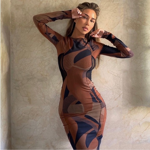 House of CB 'Cassidy' Brown Mesh Printed Long Sleeve Midi Dress NWOT - Picture 12 of 16